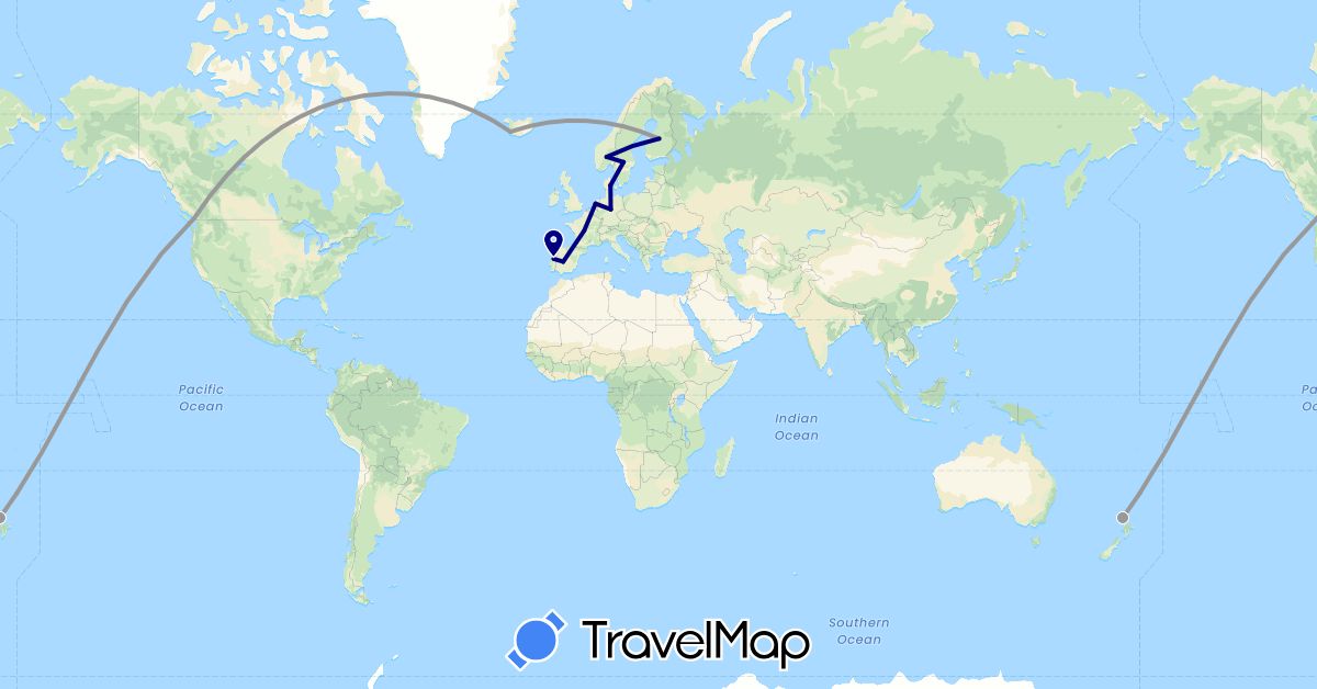 TravelMap itinerary: driving, plane in Canada, Germany, Denmark, Spain, Finland, France, Iceland, Netherlands, Norway, New Zealand, Portugal, Sweden (Europe, North America, Oceania)