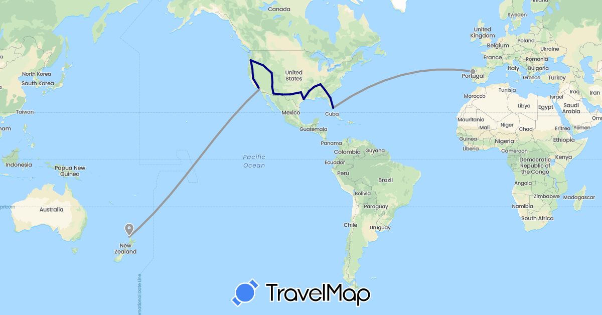 TravelMap itinerary: driving, plane in New Zealand, Portugal, United States (Europe, North America, Oceania)