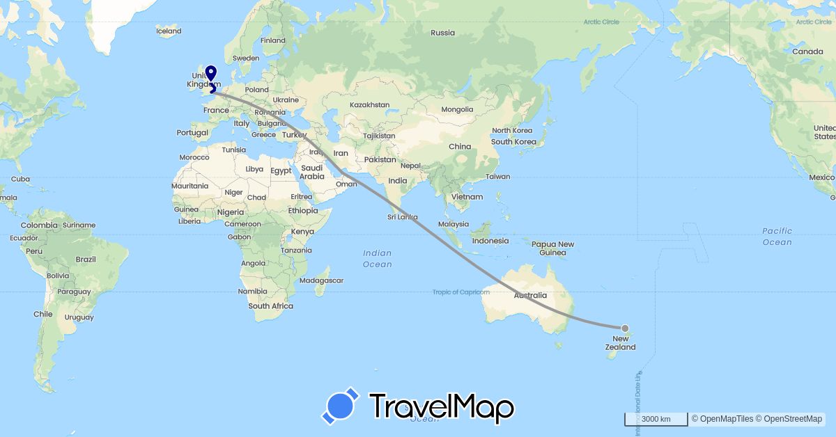 TravelMap itinerary: driving, plane in United Arab Emirates, United Kingdom, New Zealand (Asia, Europe, Oceania)